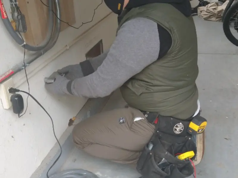 Electrician performing outlet wiring in a Henrietta garage